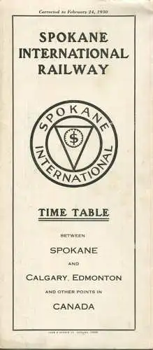 Time Table 1930 - Spokane International Railway - Fahrplan between Spokane and Calgary Edmonton and other points in Cana