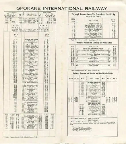 Time Table 1930 - Spokane International Railway - Fahrplan between Spokane and Calgary Edmonton and other points in Cana