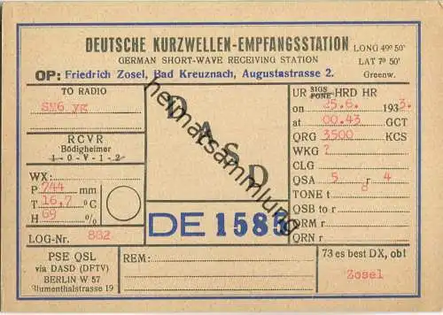 QSL - QTH - Funkkarte - DE1585 - Bad Kreuznach - 1933