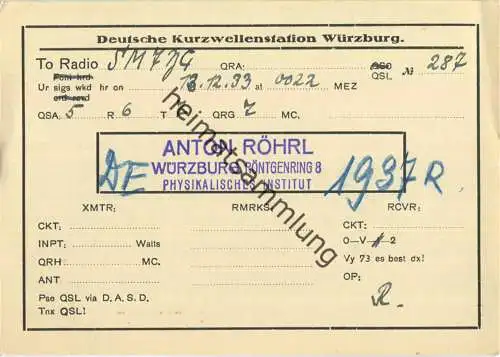 QSL - QTH - Funkkarte - DE1937R - Würzburg 1933