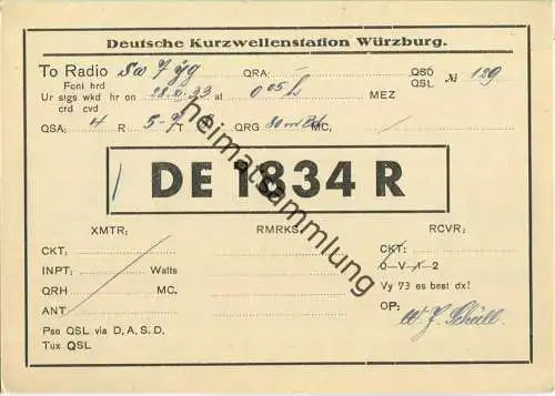 QSL - QTH - Funkkarte - DE1834R - Würzburg 1933