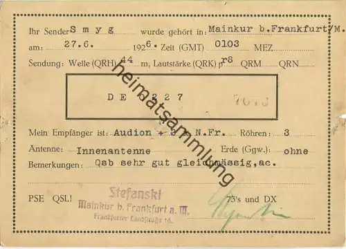 QSL - QTH - Funkkarte - DE0227 - Frankfurt - Mainkur - 1926
