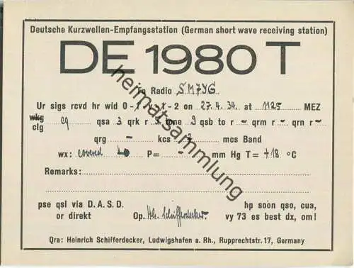QSL - QTH - Funkkarte - DE1980T - Ludwigshafen am Rhein - 1934