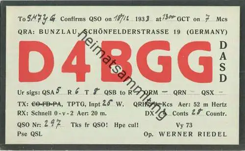 QSL - QTH - Funkkarte - D4BGG - Boleslawiec - Bunzlau - 1933