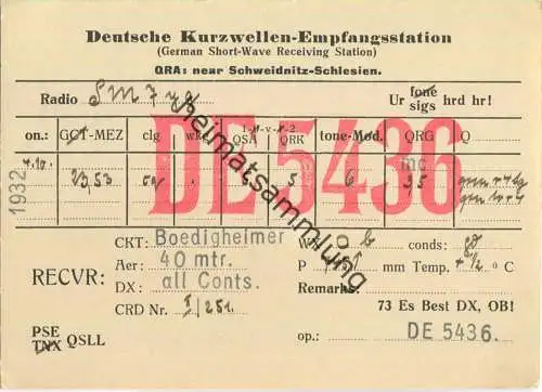 QSL - QTH - Funkkarte - DE5436 - Schweidnitz - Swidnica - 1932