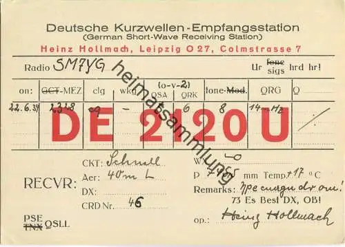 QSL - QTH - Funkkarte - DE2120U - Leipzig - 1934