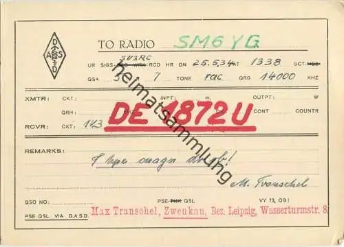 QSL - QTH - Funkkarte - DE1872U - Zwenkau - 1934