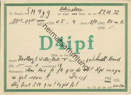 QSL - QTH - Funkkarte - D4ipf - Hamburg - 1932