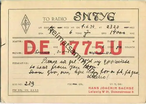 QSL - QTH - Funkkarte - DE1775U - Leipzig W 31 - 1934