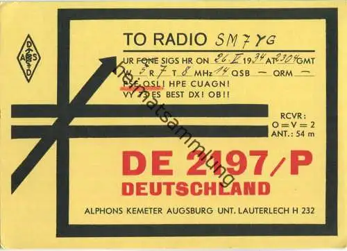QSL - QTH - Funkkarte - DE2197/P - Augsburg - 1934