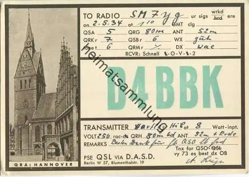 QSL - QTH - Funkkarte - D4BBK - Hannover - 1934