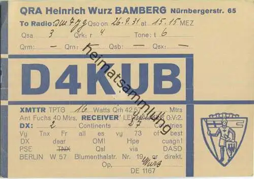 QSL - Funkkarte - D4KUB - Bamberg - 1931