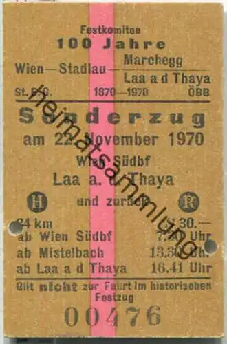 Fahrkarte - Sonderzug Wien Südbf - Laa a. d. Thaya 1970