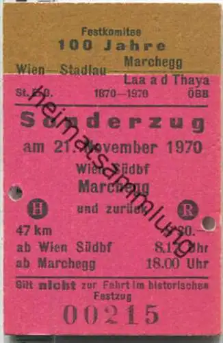 Fahrkarte - Sonderzug Wien Südbf - Marchedd 1970