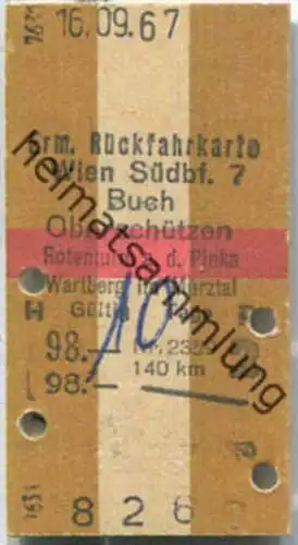Fahrkarte - Wien Südbf. 7 - Buch Oberschützen 1967