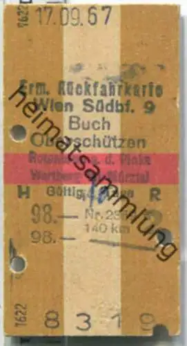 Fahrkarte - Wien Südbf. 9 - Buch Oberschützen 1967