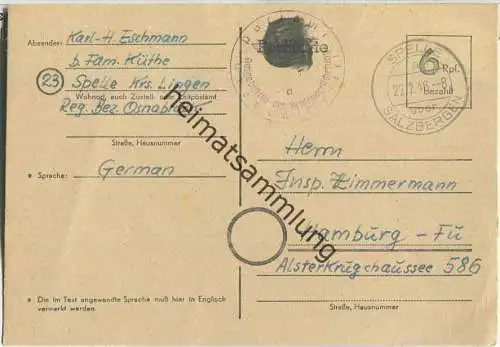 Philabeleg mit Gebühr bezahlt Stempel Hamburg - gebraucht am 22.2.1945 von Spelle nach Hamburg