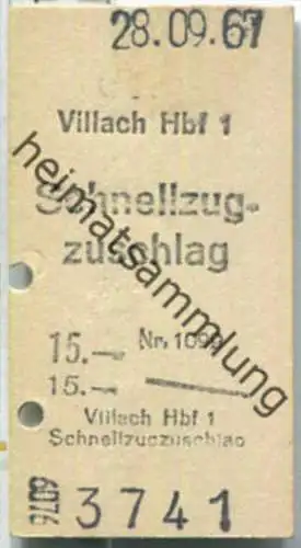 Fahrkarte - Villach Hbf 1 - Schnellzugzuschlag 28-09-1967