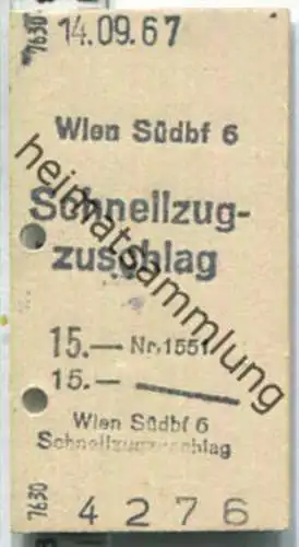 Fahrkarte - Wien Südbhf 6 - Schnellzugzuschlag 14-09-1967