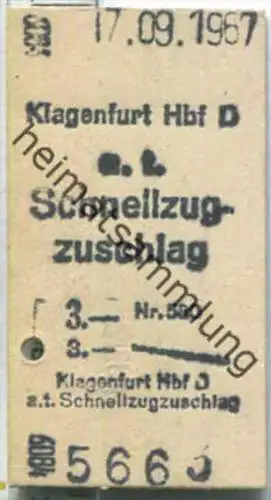 Fahrkarte - Klagenfurt Hbf D - Schnellzugzuschlag 17-09-1967