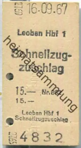 Fahrkarte - Leoben Hbf 1 - Schnellzugzuschlag 16-09-1967