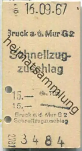 Fahrkarte - Bruck a. d. Mur G2 - Schnellzugzuschlag 16-09-1967