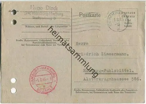 Bedarfskarte mit Gebühr bezahlt Stempel Hamburg - gebraucht am 1.8.1945 innerhalb Hamburgs - Karte gelocht