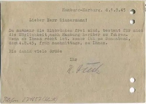 Bedarfskarte mit Gebühr bezahlt Stempel Hamburg - gebraucht am 1.8.1945 innerhalb Hamburgs - Karte gelocht
