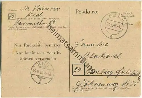 Bedarfskarte mit Ausgabestempel Kiel - gebraucht am 21.06.1945 aus Kiel nach Hamburg