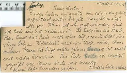Bedarfskarte mit Ausgabestempel Barmstedt (Holst) - Wertstempel und Werbespruch ausgeschnitten - gebraucht am 21.06.1945