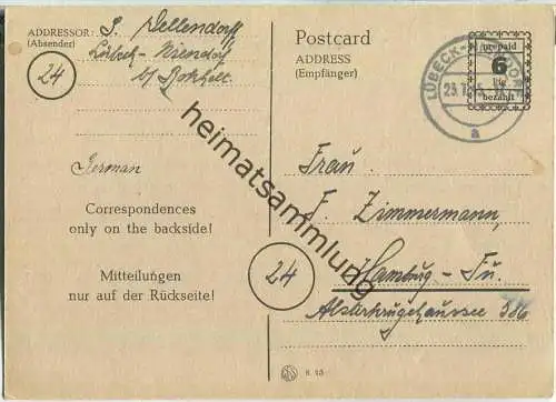 RPD Schwerin - prepaid 6 Pfg. bezahlt - gebraucht am 23.07.1945 aus Lübeck-Niendorf nach Hamburg (stabiler Karton)