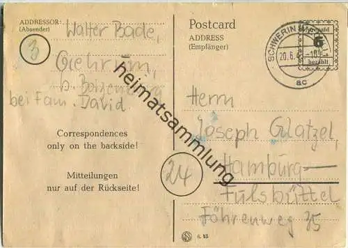 RPD Schwerin - prepaid 6 Pfg. bezahlt - gebraucht am 20.06.1945 aus Schwerin nach Hamburg