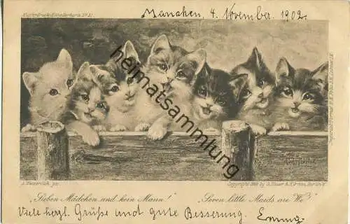 Katzen - Sieben Mädchen ... - Künstlerkarte A. Weczerzick - Verlag G. Heuer & Kirmse Berlin - beschrieben 1902