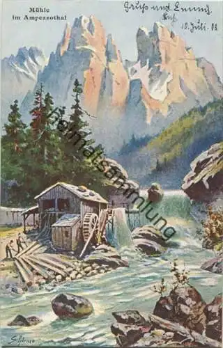 Mühle im Ampezzotal - Künstlerkarte Schlemo - beschrieben 1903