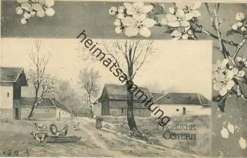 Fröhliche Ostern - Bauernhof - Hühner - Künstlerkarte signiert Wertheim - Verlag Theo Stroefer Serie 811 No. 7 - beschri