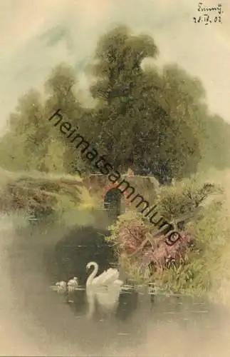Am Weiher - Angler - Schwäne - Meissner & Buch Leipzig - Serie 1189 - beschrieben 1903