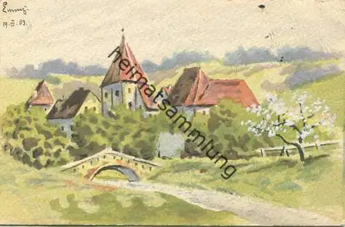 Dorf im Frühling - Künstlerkarte - Aquarell - beschrieben 1903