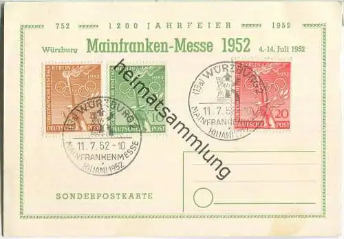 Würzburg - 1200 Jahrfeier 1952 - Mainfrankenmesse - frankiert mit einem Satz "BERLIN - Vorolympische Festtage"