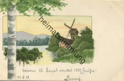 Windmühle am See - Aquarell - Birke - Art nouveau - D.T.C.,L. Serie 162 No. 2 - beschrieben 1903