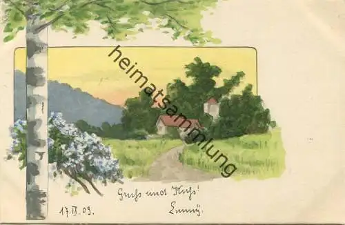 Bauernhof am Waldrand - Aquarell - Birke - Art nouveau - D.T.C.,L. Serie 162 No. 5 - beschrieben 1903