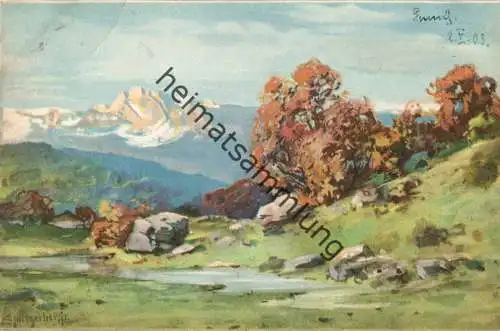 Bach - Landschaft - Berge im Hintergrund - Künstlerkarte signiert Splitgerber jr. - beschrieben 1903