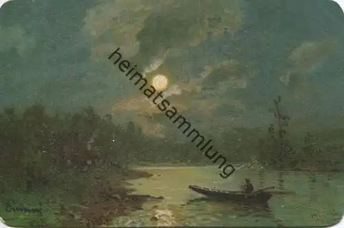 Fischer auf dem See bei Vollmond - Künstlerkarte signiert Morten Müller - beschrieben ca. 1900