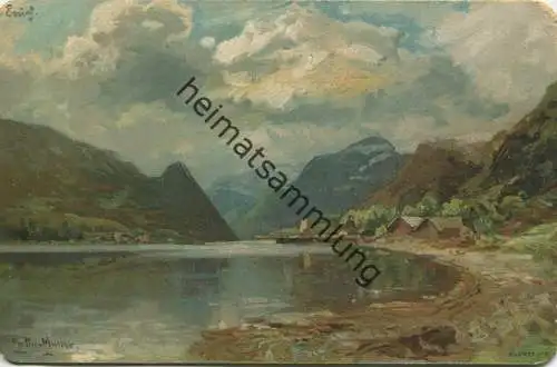 Dorf am See - Künstlerkarte signiert Morten Müller - beschrieben ca. 1900