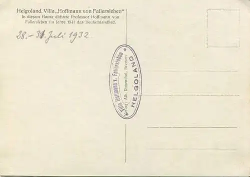 Helgoland - Villa Hoffmann von Fallersleben Foto-AK Großformat 1932 - Verlag Alb. Rosenthal Bremen