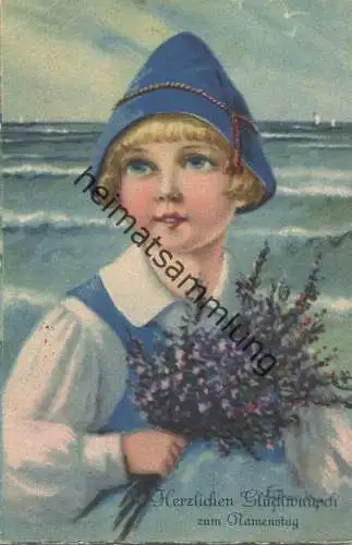Junge mit Blumen - Künstlerkarte signiert E. Frank gel. 1927