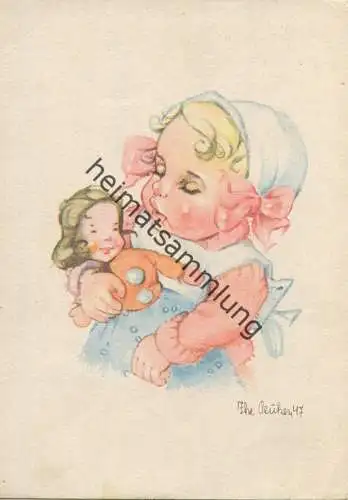 Kleinkind mit Puppe - AK Großformat 1947  - Künstlerkarte signiert Ilse Peuker