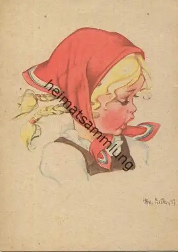Mädchen mit Zöpfen und Kopftuch - AK Großformat 1947  - Künstlerkarte signiert Ilse Peuker