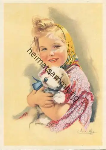 Mädchen mit Kopftuch und Hund - Künstlerkarte signiert E. v. Gulitz - AK Großformat 1957 - Planet-Verlag Berlin