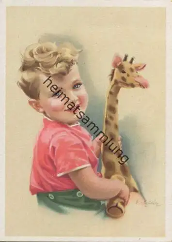 Junge mit Spielzeug-Giraffe - Künstlerkarte signiert E. v. Gulitz - AK Großformat 1949 - Bernhard Sporn Kunstverlag Zeul