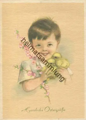 Ostergrüße - Junge mit Küken und Blumen - AK Großformat 50er Jahre